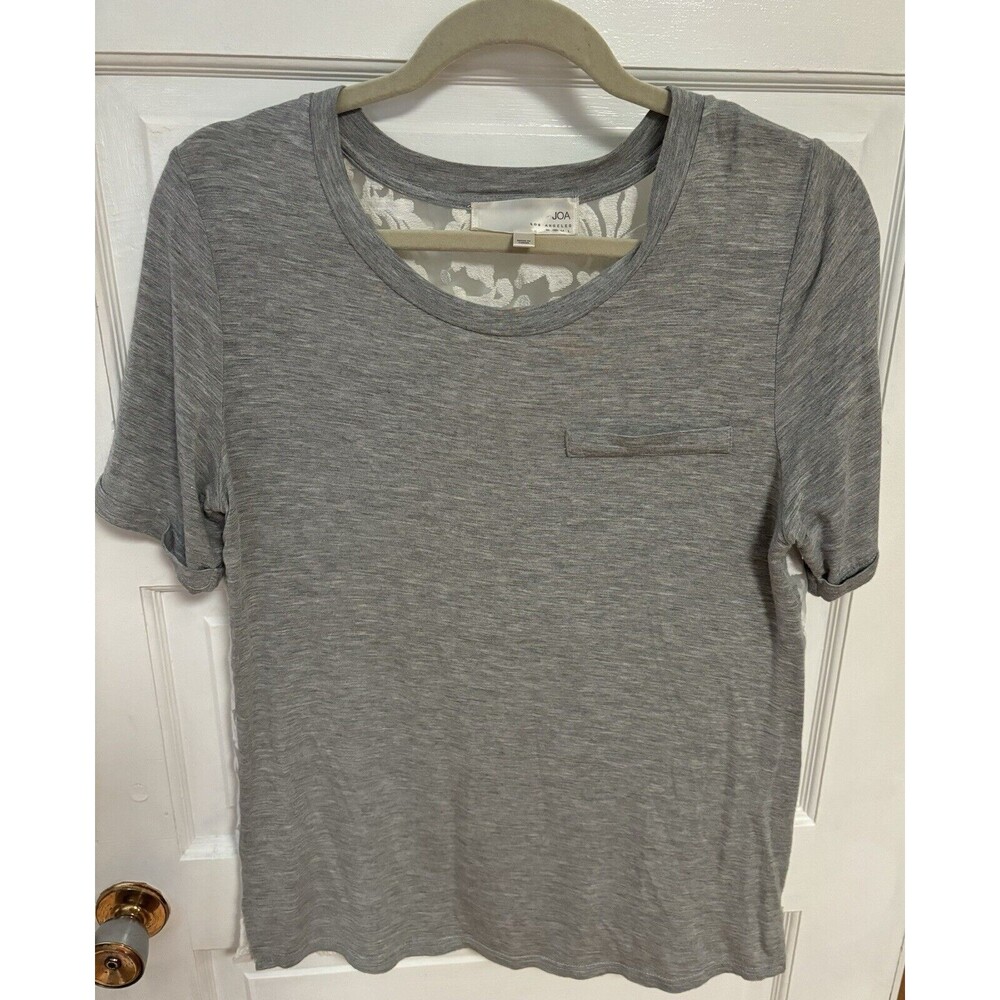 JOA Los Angeles Lace Back Gray Front Tshirt Short Sleeve Crewneck Sheer Back S